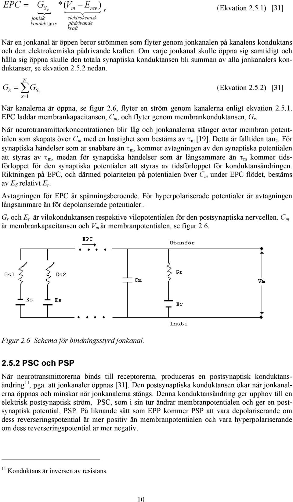 Om varje jonkanal skulle öppna sig samtidigt och hålla sig öppna skulle den totala synaptiska konduktansen bli summan av alla jonkanalers konduktanser, se ekvation 2.5.2 nedan. G S N = G (Ekvation 2.