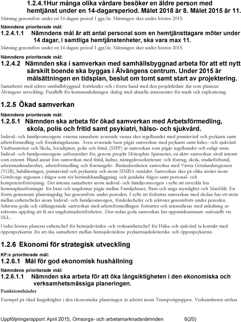 Mätning genomförs under en 14 dagars period 1 ggr/år. Mätningen sker under hösten 2015. Nämndens prioriterade mål: 1.2.4.2 Nämnden ska i samverkan med samhällsbyggnad arbeta för att ett nytt särskilt boende ska byggas i Älvängens centrum.