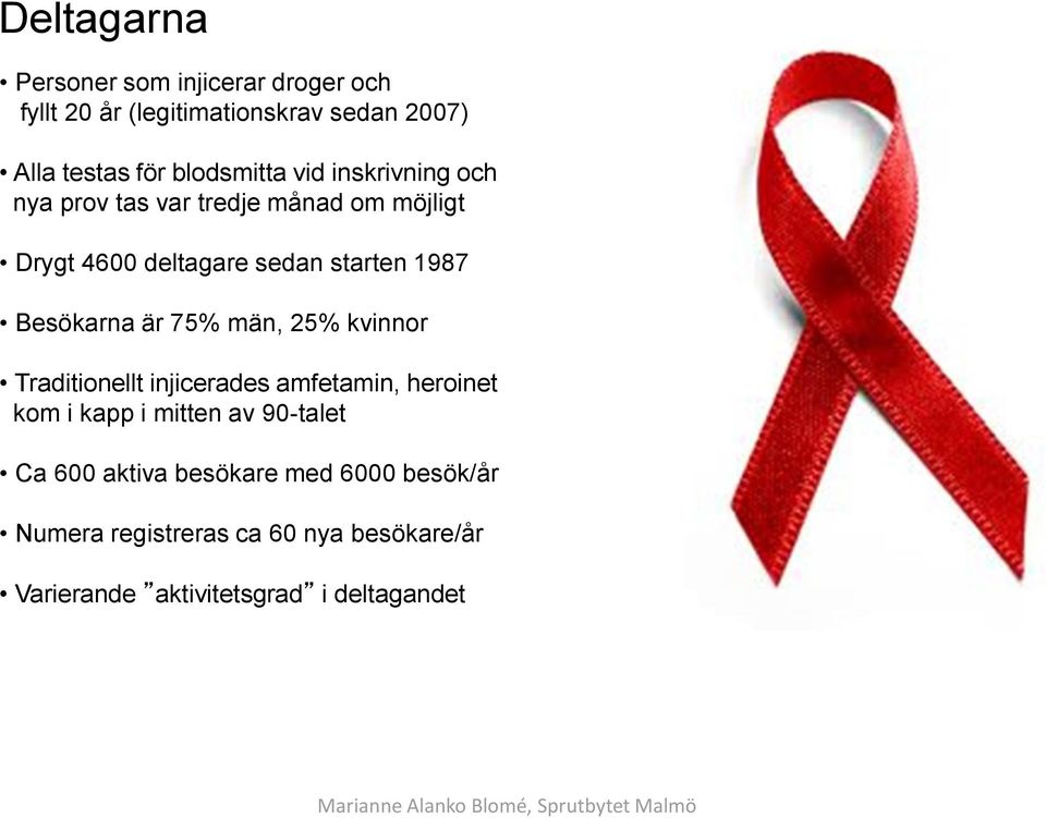 Besökarna är 75% män, 25% kvinnor Traditionellt injicerades amfetamin, heroinet kom i kapp i mitten av 90-talet