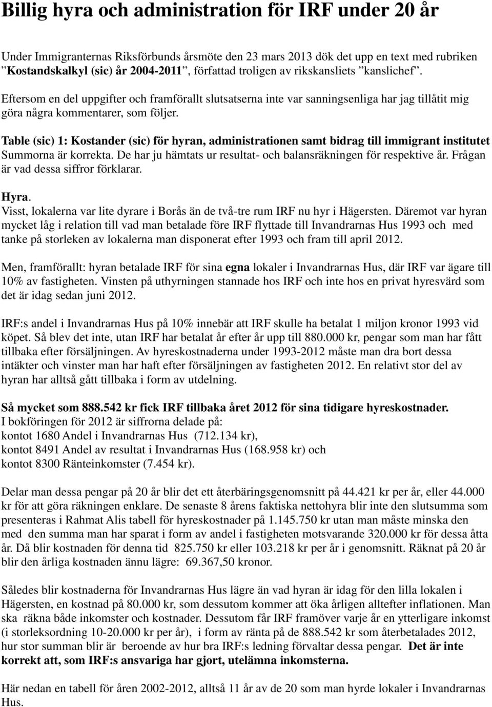 Table (sic) 1: Kostander (sic) för hyran, administrationen samt bidrag till immigrant institutet Summorna är korrekta. De har ju hämtats ur resultat- och balansräkningen för respektive år.