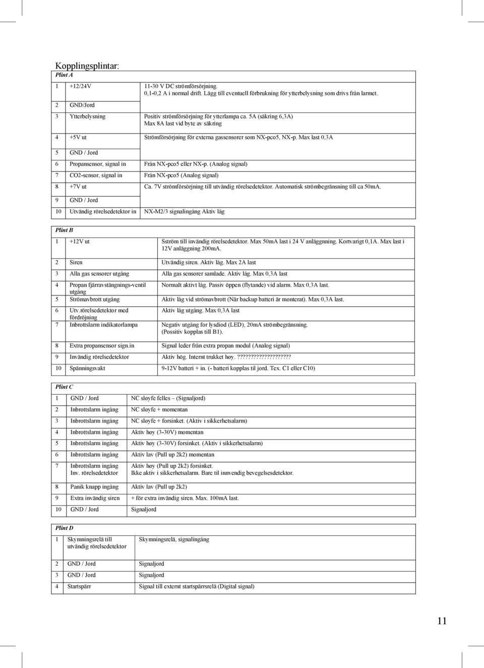 Max last 0,3A 5 GND / Jord 6 Propansensor, signal in Från NX-pco5 eller NX-p. (Analog signal) 7 CO2-sensor, signal in Från NX-pco5 (Analog signal) 8 +7V ut Ca.