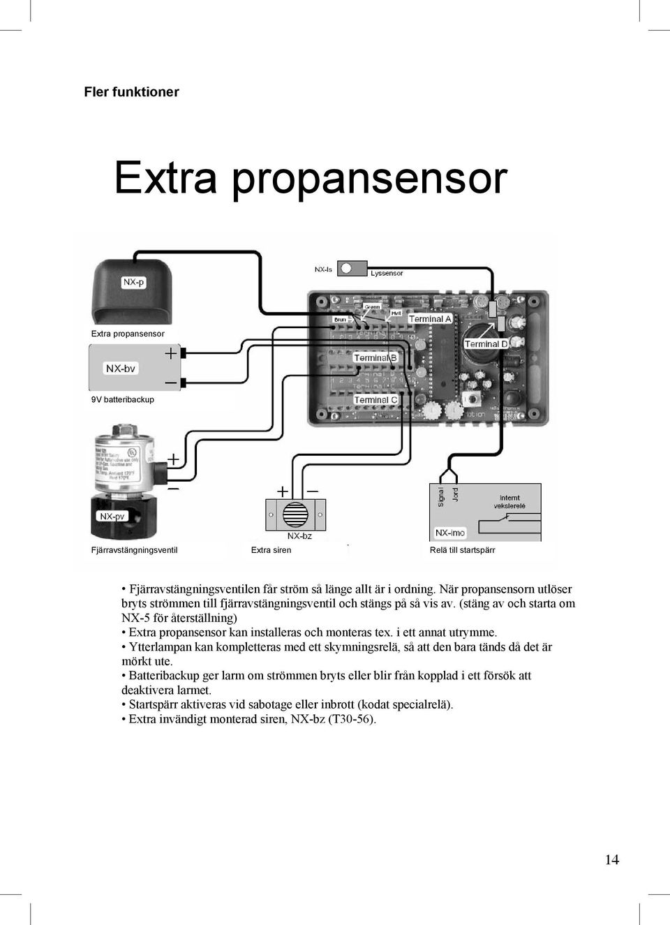 (stäng av och starta om NX-5 för återställning) Extra propansensor kan installeras och monteras tex. i ett annat utrymme.