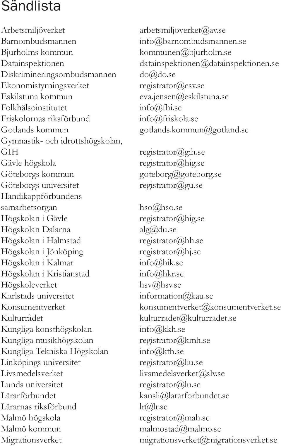 Högskolan i Jönköping Högskolan i Kalmar Högskolan i Kristianstad Högskoleverket Karlstads universitet Konsumentverket Kulturrådet Kungliga konsthögskolan Kungliga musikhögskolan Kungliga Tekniska