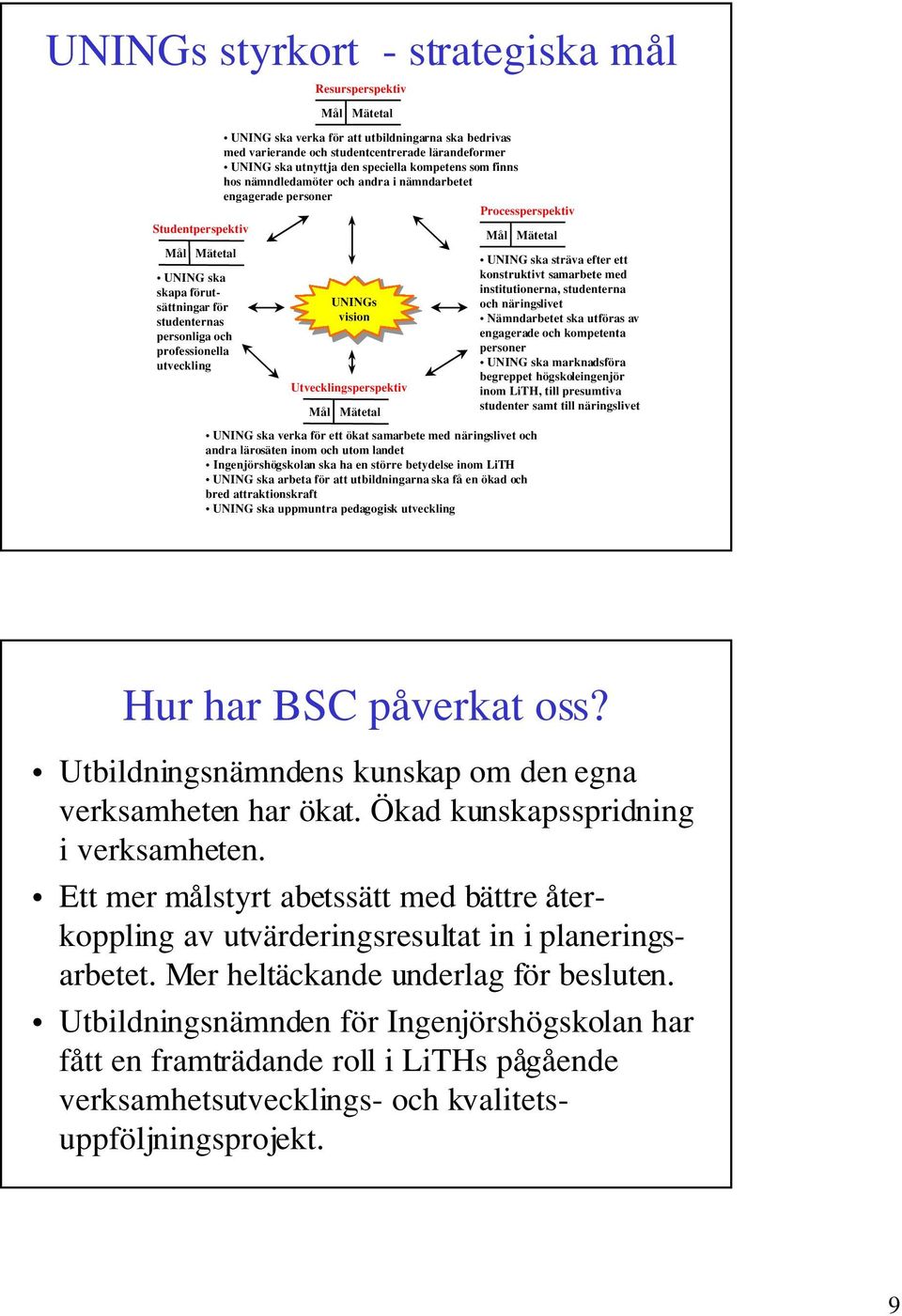 utveckling Resursperspektiv Mål Mätetal UNINGs vision Utvecklingsperspektiv Mål Mätetal UNING ska verka för ett ökat samarbete med näringslivet och andra lärosäten inom och utom landet