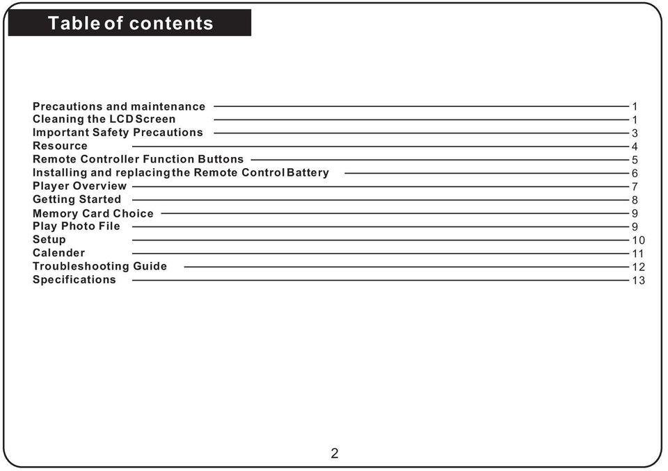 Remote Control Battery Player Overview Getting Started Memory Card Choice Play Photo