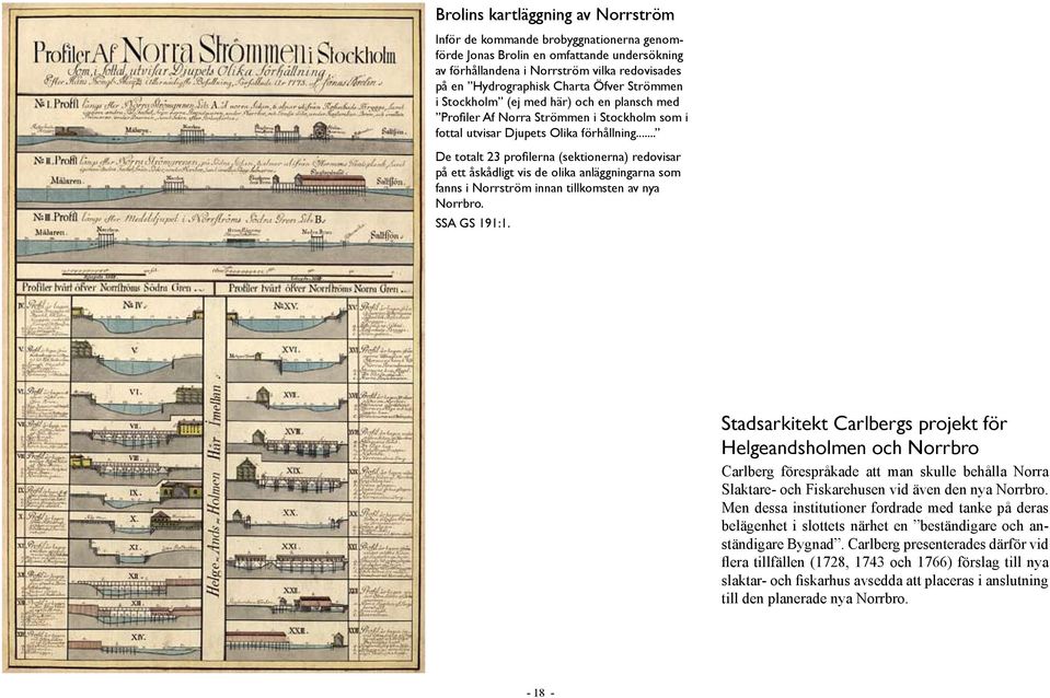 .. De totalt 23 profilerna (sektionerna) redovisar på ett åskådligt vis de olika anläggningarna som fanns i Norrström innan tillkomsten av nya Norrbro. SSA GS 191:1.