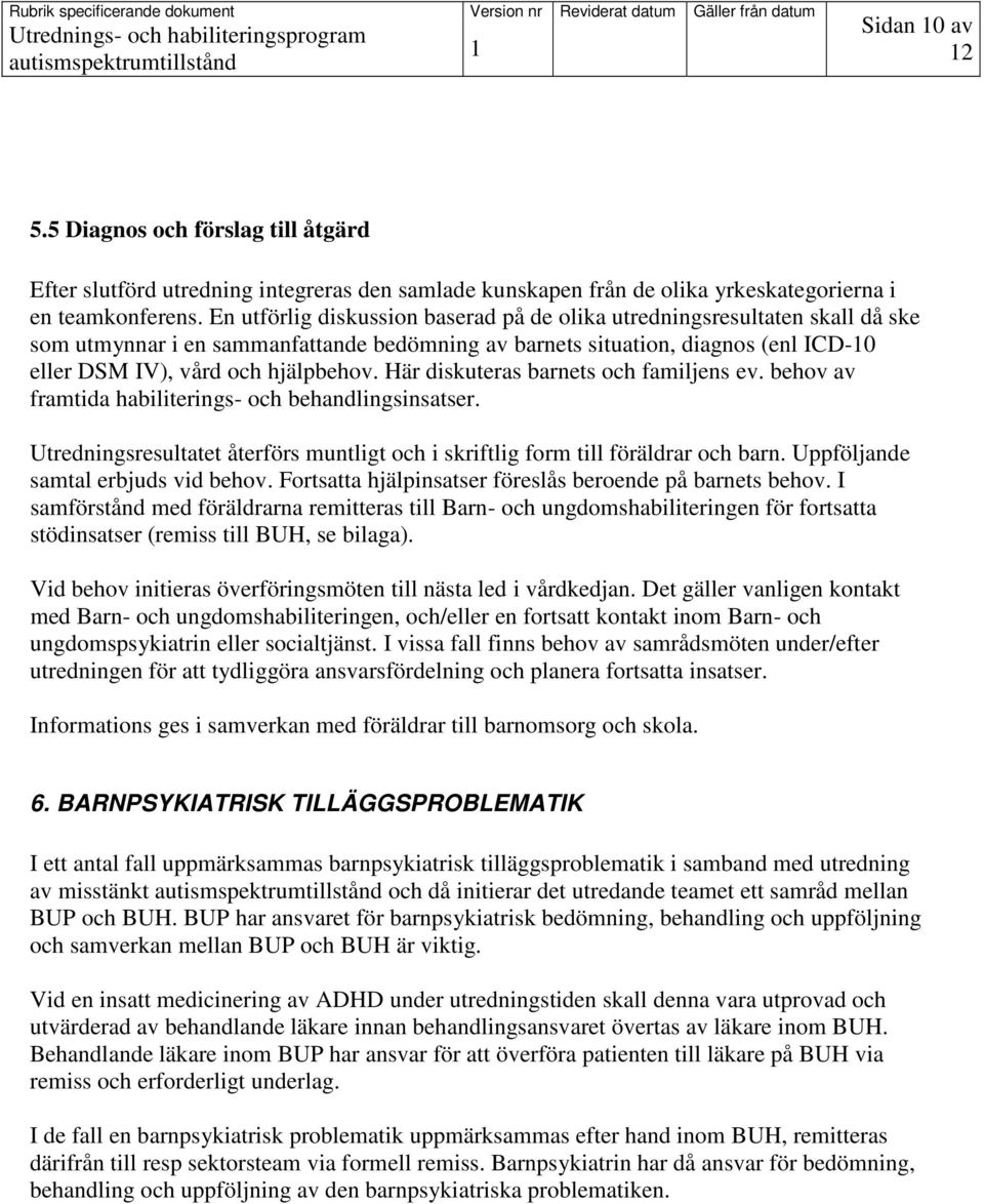 Här diskuteras barnets och familjens ev. behov av framtida habiliterings- och behandlingsinsatser. Utredningsresultatet återförs muntligt och i skriftlig form till föräldrar och barn.