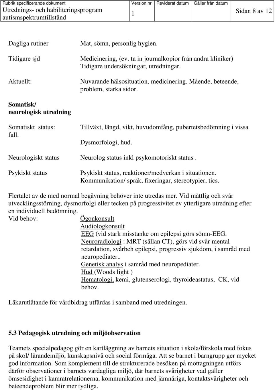 Tillväxt, längd, vikt, huvudomfång, pubertetsbedömning i vissa Dysmorfologi, hud. Neurologiskt status Neurolog status inkl psykomotoriskt status.