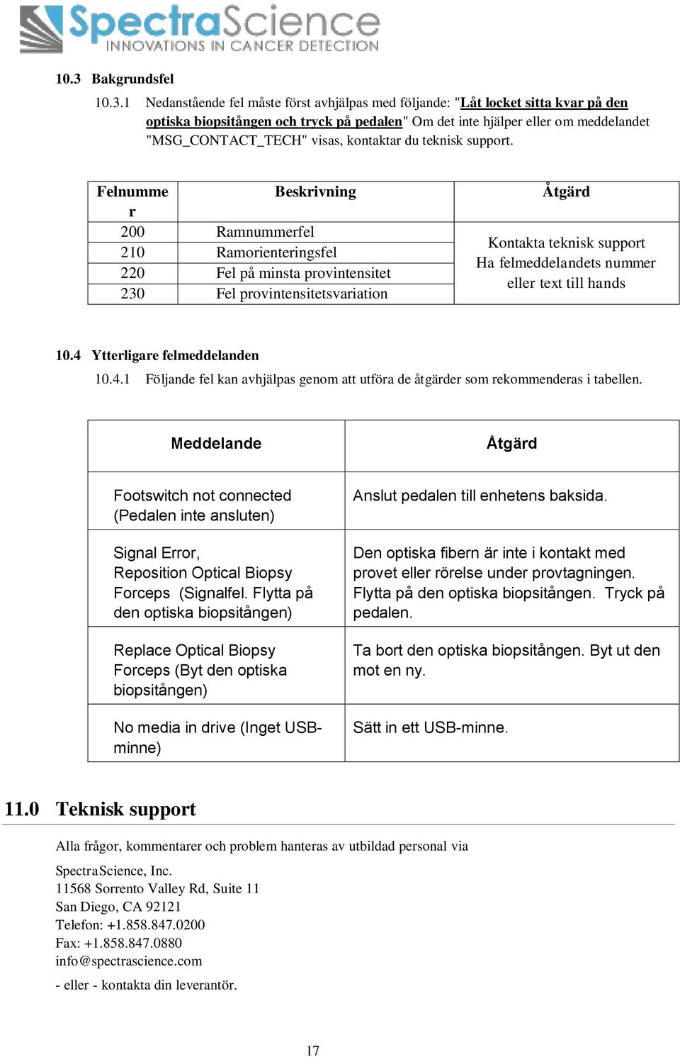 Felnumme Beskrivning r 200 Ramnummerfel 210 Ramorienteringsfel 220 Fel på minsta provintensitet 230 Fel provintensitetsvariation Åtgärd Kontakta teknisk support Ha felmeddelandets nummer eller text