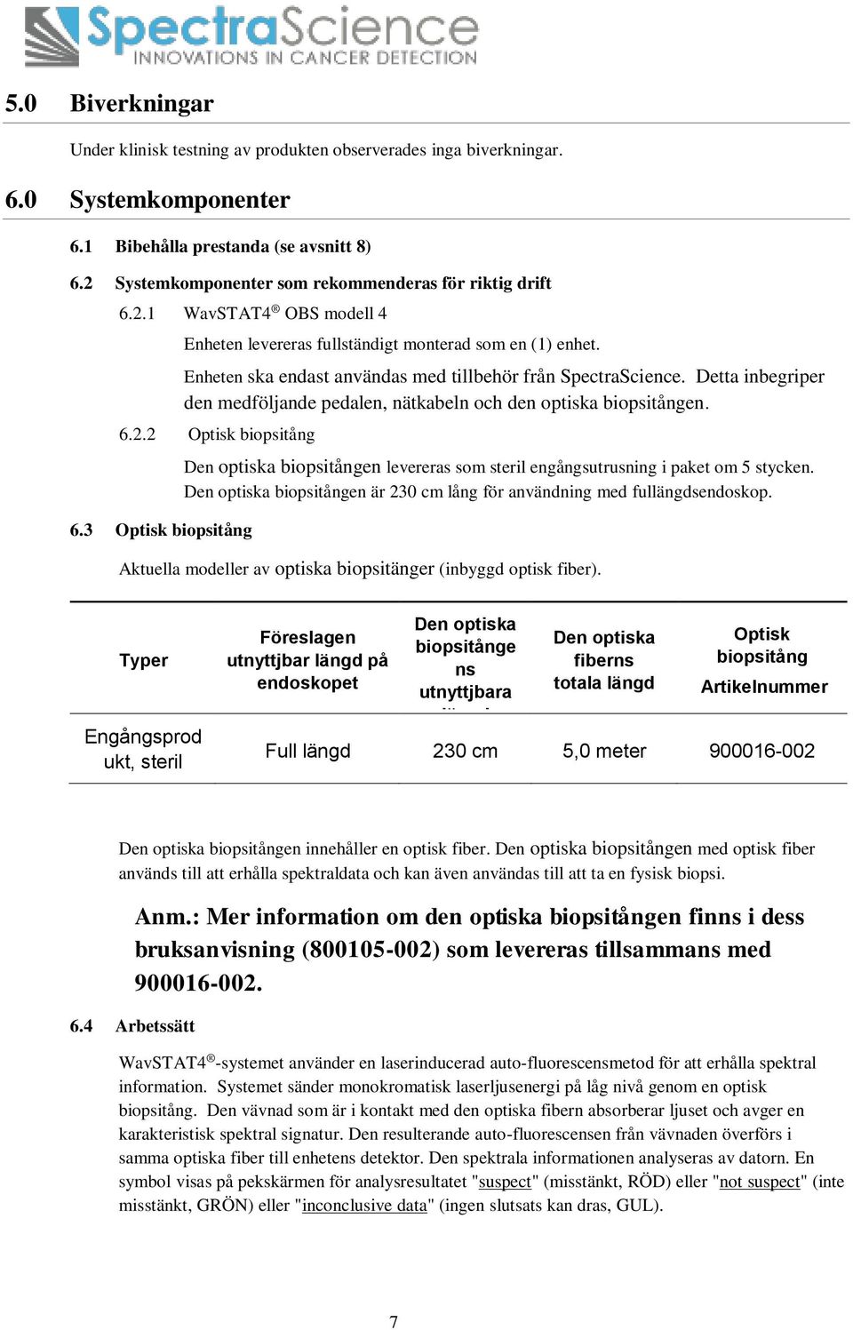 Enheten ska endast användas med tillbehör från SpectraScience. Detta inbegriper den medföljande pedalen, nätkabeln och den optiska biopsitången. 6.2.2 Optisk biopsitång 6.