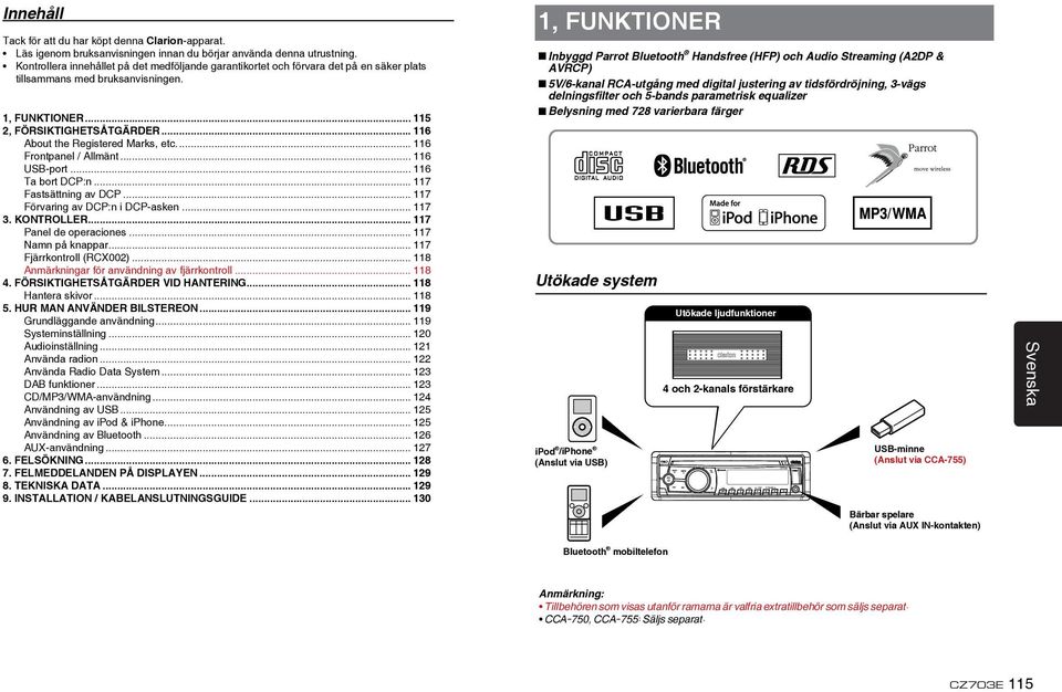 .. 116 About the Registered Marks, etc... 116 Frontpanel / Allmänt... 116 USB-port... 116 Ta bort DCP:n... 117 Fastsättning av DCP... 117 Förvaring av DCP:n i DCP-asken... 117 3. KONTROLLER.