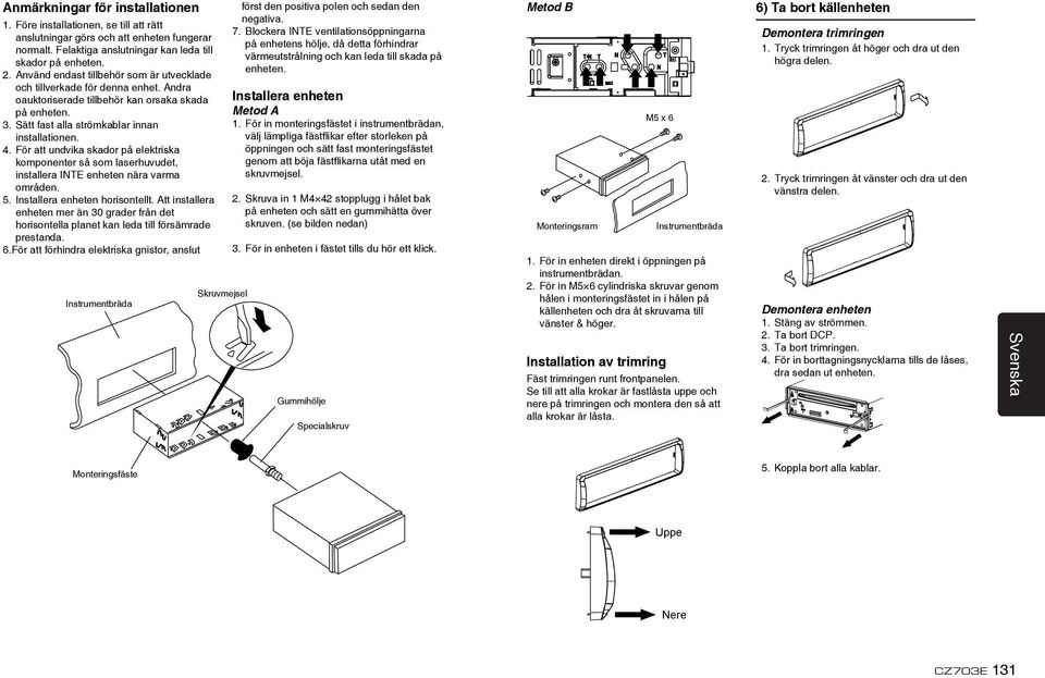 För att undvika skador på elektriska komponenter så som laserhuvudet, installera INTE enheten nära varma områden. 5. Installera enheten horisontellt.