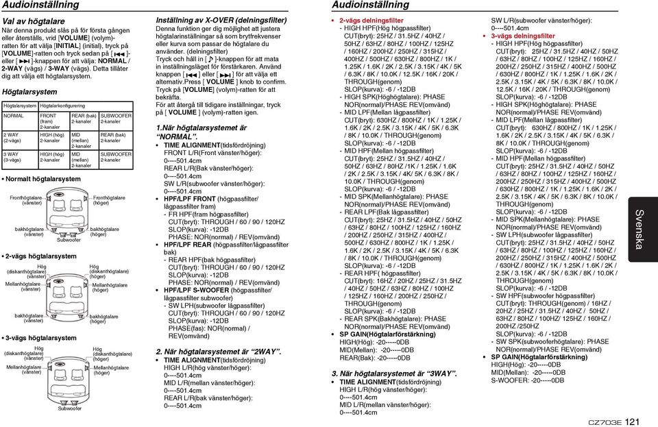 Högtalarsystem Högtalarsystem NORMAL 2 WAY (2-vägs) 3 WAY (3-vägs) Högtalarkonfigurering FRONT (fram) HIGH (hög) HIGH (hög) Normalt högtalarsystem Fronthögtalare (vänster) bakhögtalare (vänster)