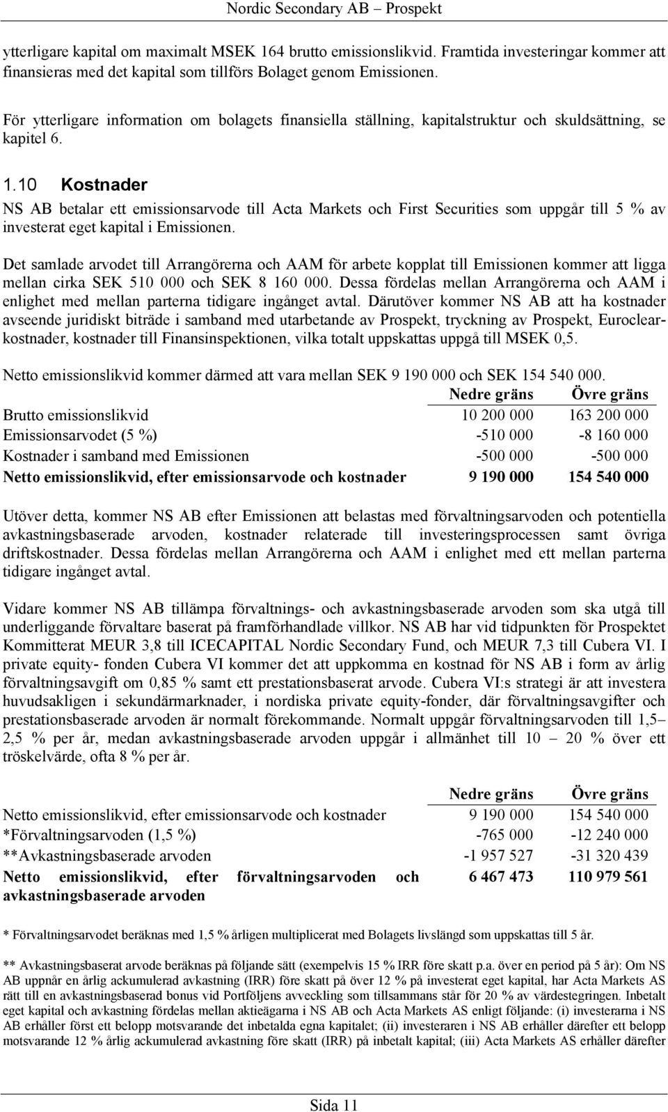 10 Kostnader NS AB betalar ett emissionsarvode till Acta Markets och First Securities som uppgår till 5 % av investerat eget kapital i Emissionen.