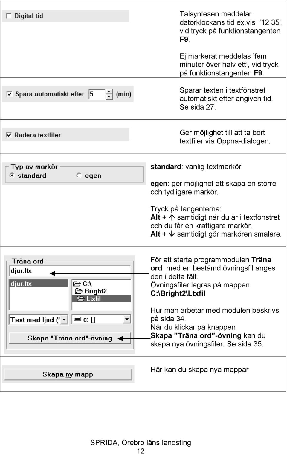 standard: vanlig textmarkör egen: ger möjlighet att skapa en större och tydligare markör. Tryck på tangenterna: Alt + samtidigt när du är i textfönstret och du får en kraftigare markör.