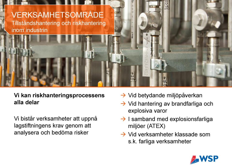 att analysera och bedöma risker Vid betydande miljöpåverkan Vid hantering av brandfarliga och