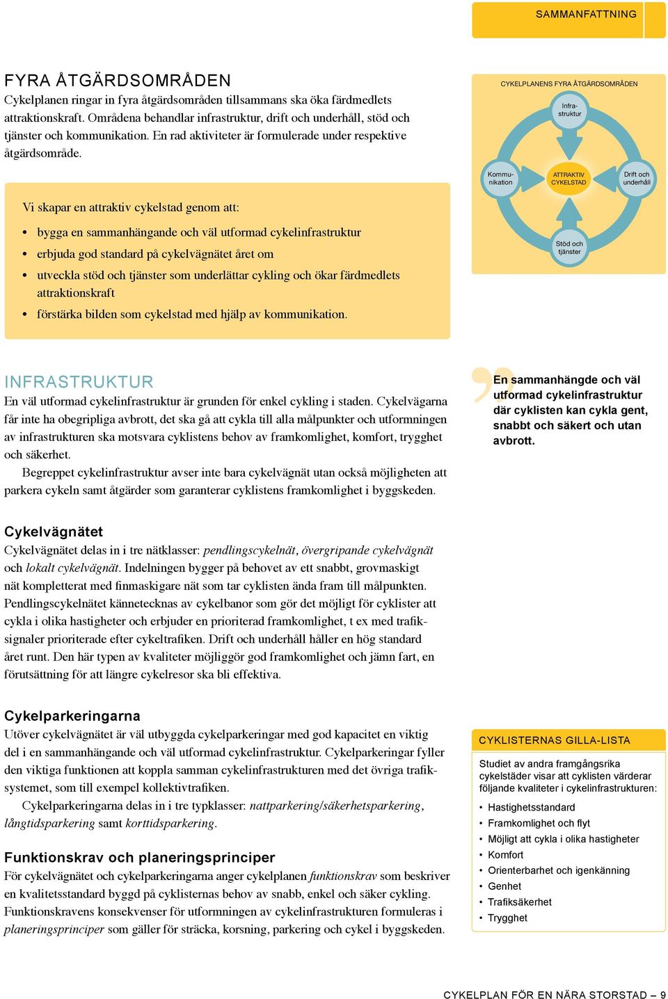 CYKELPLANENS FYRA ÅTGÄRDSOMRÅDEN Infrastruktur Kommunikation ATTRAKTIV CYKELSTAD Drift och underhåll Vi skapar en attraktiv cykelstad genom att: bygga en sammanhängande och väl utformad