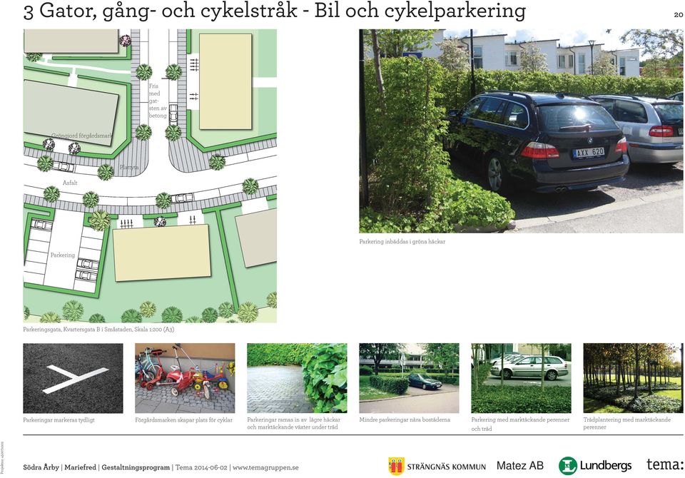 Parkeringar markeras tydligt Förgårdsmarken skapar plats för cyklar Parkeringar ramas in av lägre häckar och marktäckande