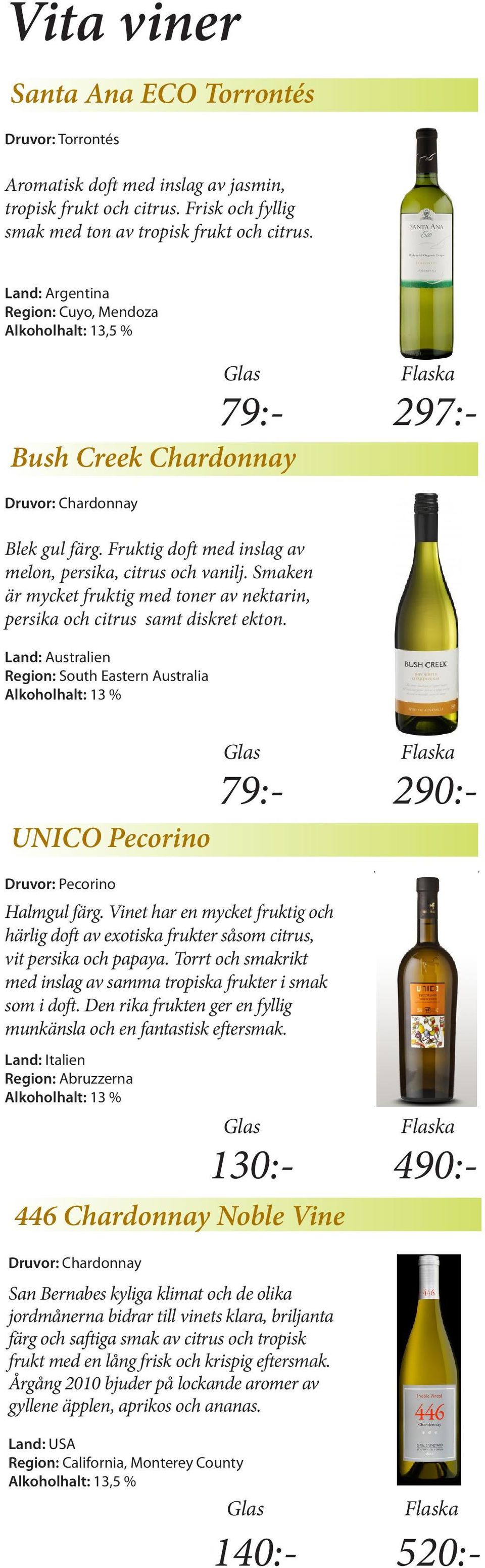 Smaken är mycket fruktig med toner av nektarin, persika och citrus samt diskret ekton.