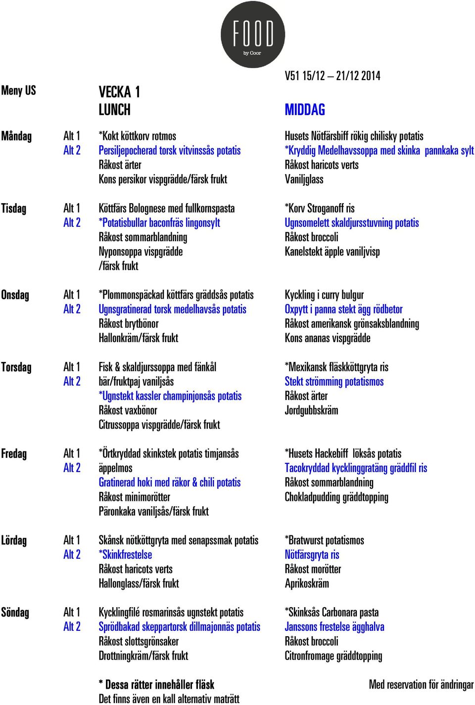 frukt *Plommonspäckad köttfärs gräddsås potatis Ugnsgratinerad torsk medelhavsås potatis Hallonkräm/färsk frukt Fisk & skaldjurssoppa med fänkål bär/fruktpaj vaniljsås *Ugnstekt kassler champinjonsås
