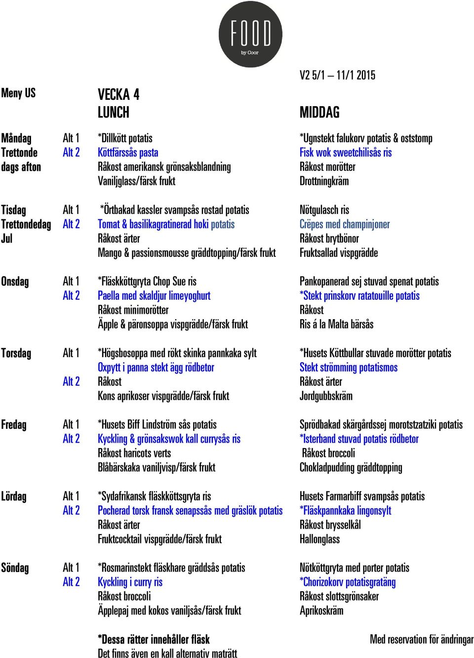 Onsdag Torsdag Fredag Lördag Söndag *Fläskköttgryta Chop Sue ris Paella med skaldjur limeyoghurt Äpple & päronsoppa vispgrädde/färsk frukt *Högsbosoppa med rökt skinka pannkaka sylt Oxpytt i panna