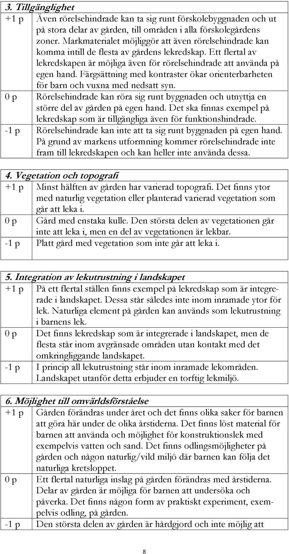 Färgsättning med kontraster ökar orienterbarheten för barn och vuxna med nedsatt syn. 0 p Rörelsehindrade kan röra sig runt byggnaden och utnyttja en större del av gården på egen hand.