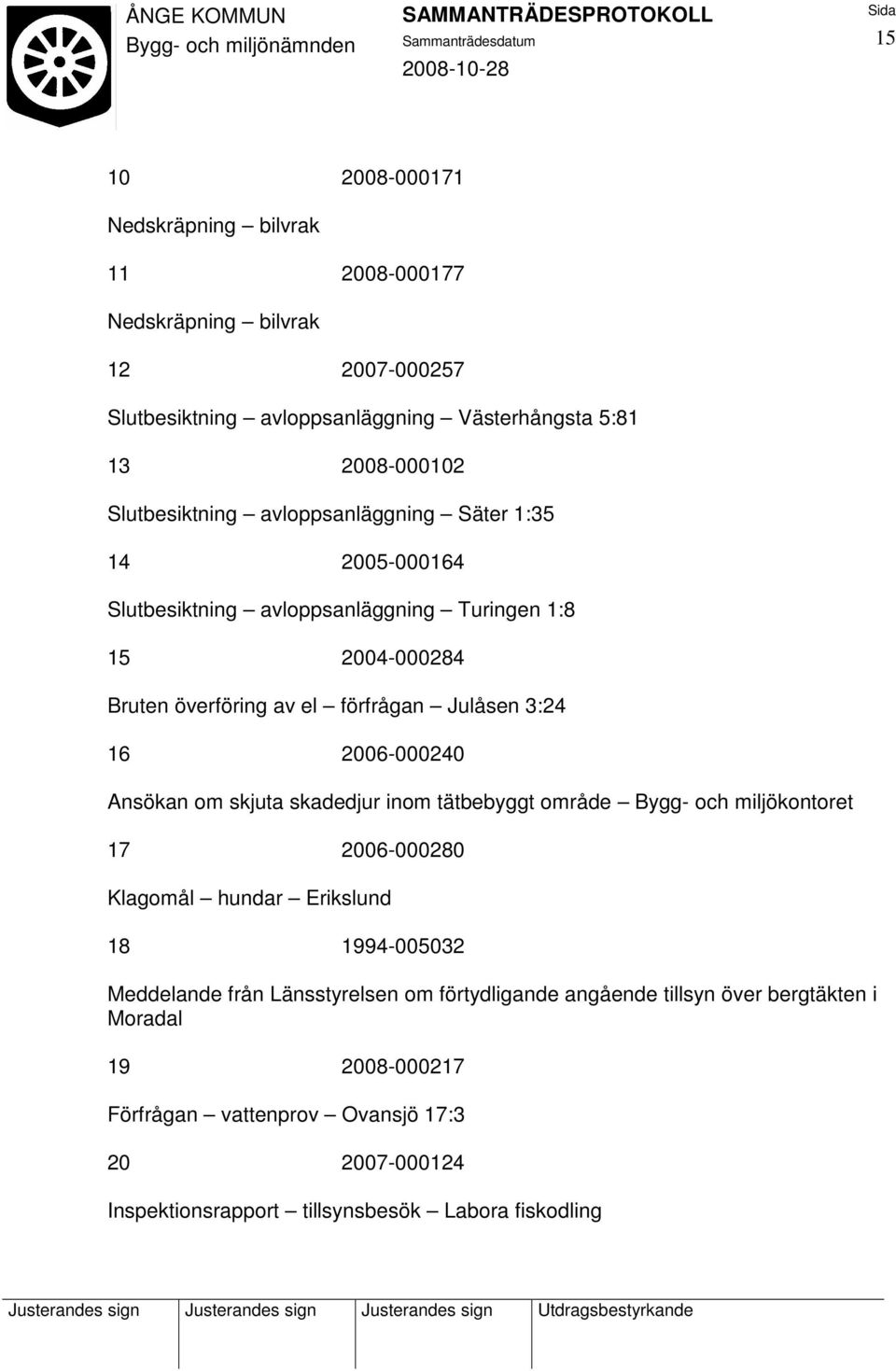 16 2006-000240 Ansökan om skjuta skadedjur inom tätbebyggt område Bygg- och miljökontoret 17 2006-000280 Klagomål hundar Erikslund 18 1994-005032 Meddelande från