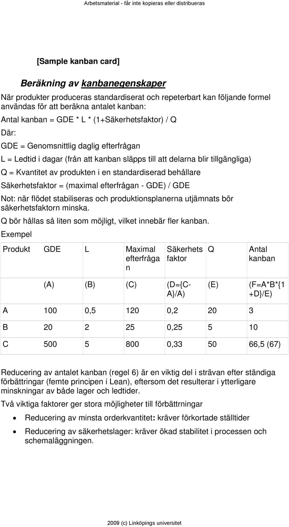 behållare Säkerhetsfaktor = (maximal efterfrågan - GDE) / GDE Not: när flödet stabiliseras och produktionsplanerna utjämnats bör säkerhetsfaktorn minska.