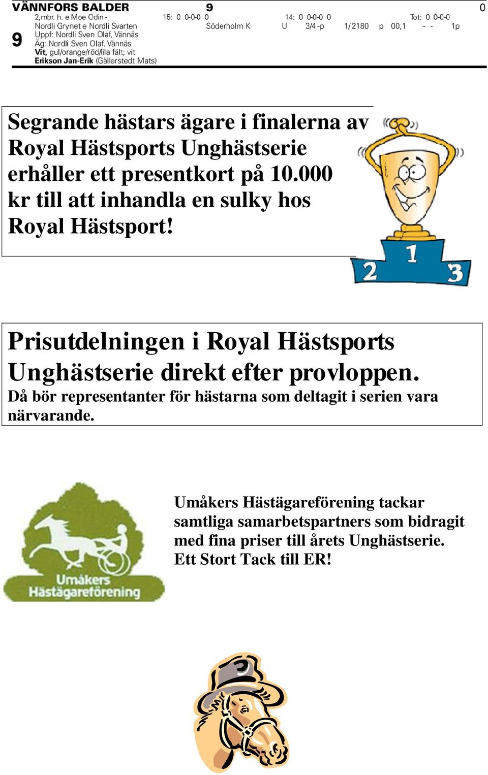 Prisutdelningen i Royal Hästsports Unghästserie direkt efter provloppen.