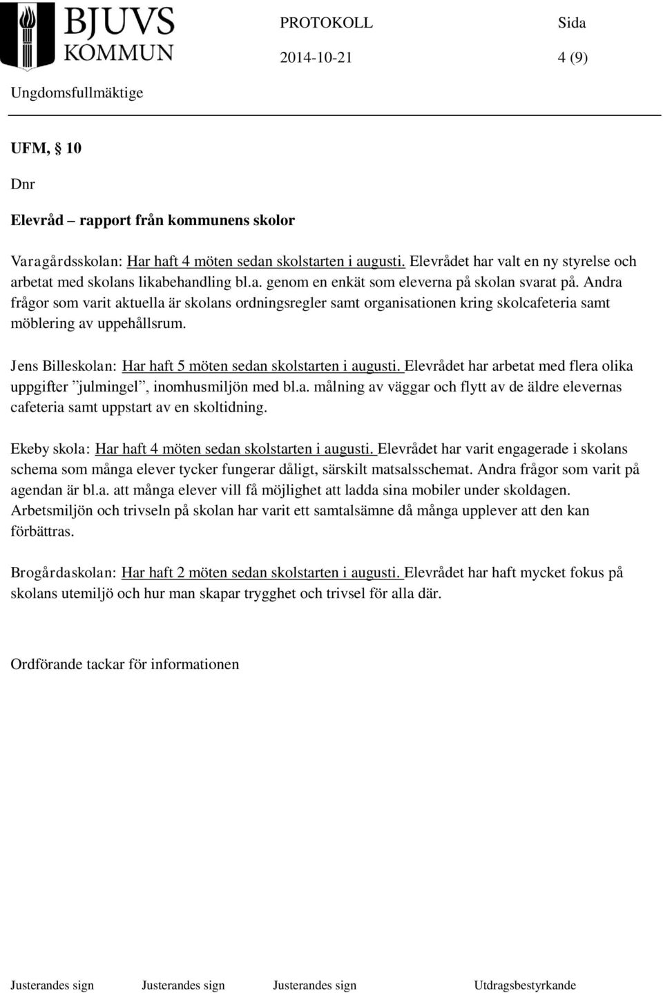 Andra frågor som varit aktuella är skolans ordningsregler samt organisationen kring skolcafeteria samt möblering av uppehållsrum. Jens Billeskolan: Har haft 5 möten sedan skolstarten i augusti.