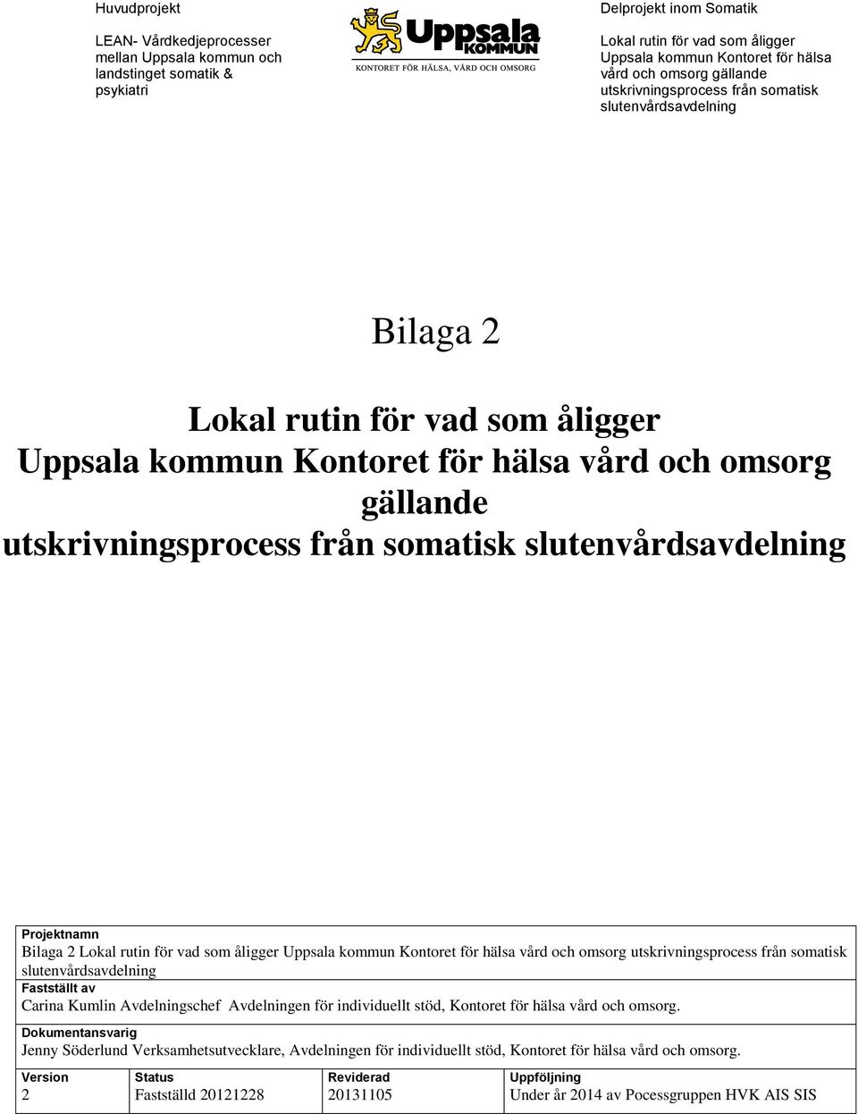 somatisk slutenvårdsavdelning Projektnamn Bilaga Lokal rutin för vad som åligger Uppsala kommun Kontoret för hälsa vård och omsorg utskrivningsprocess från somatisk slutenvårdsavdelning Fastställt av