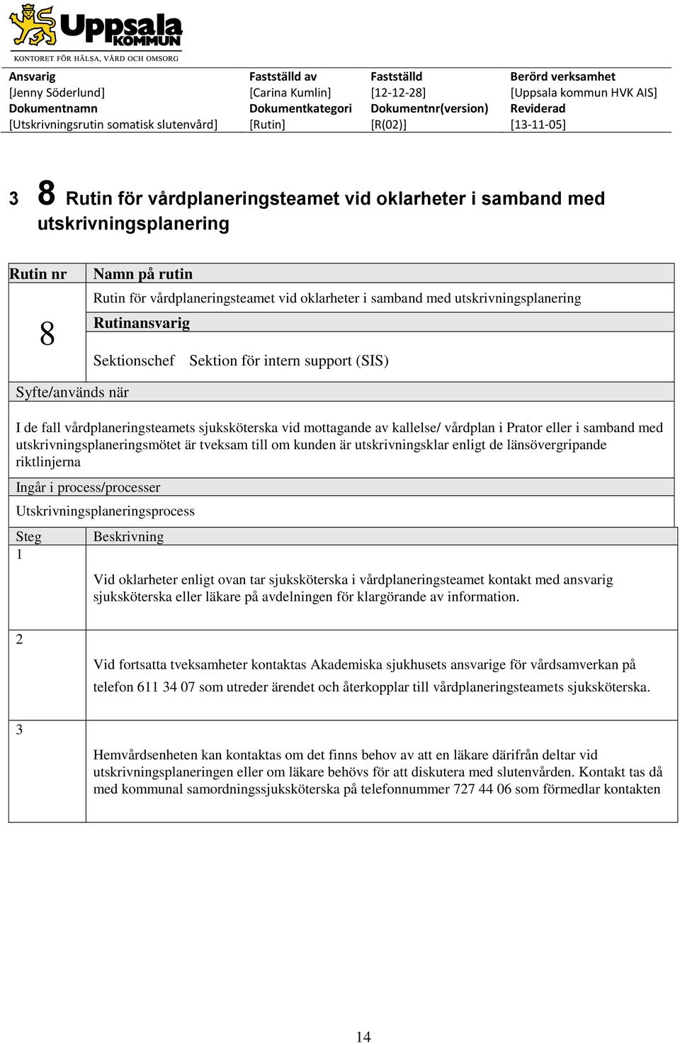 till om kunden är utskrivningsklar enligt de länsövergripande riktlinjerna Utskrivningsplaneringsprocess Steg 1 Beskrivning Vid oklarheter enligt ovan tar sjuksköterska i vårdplaneringsteamet kontakt