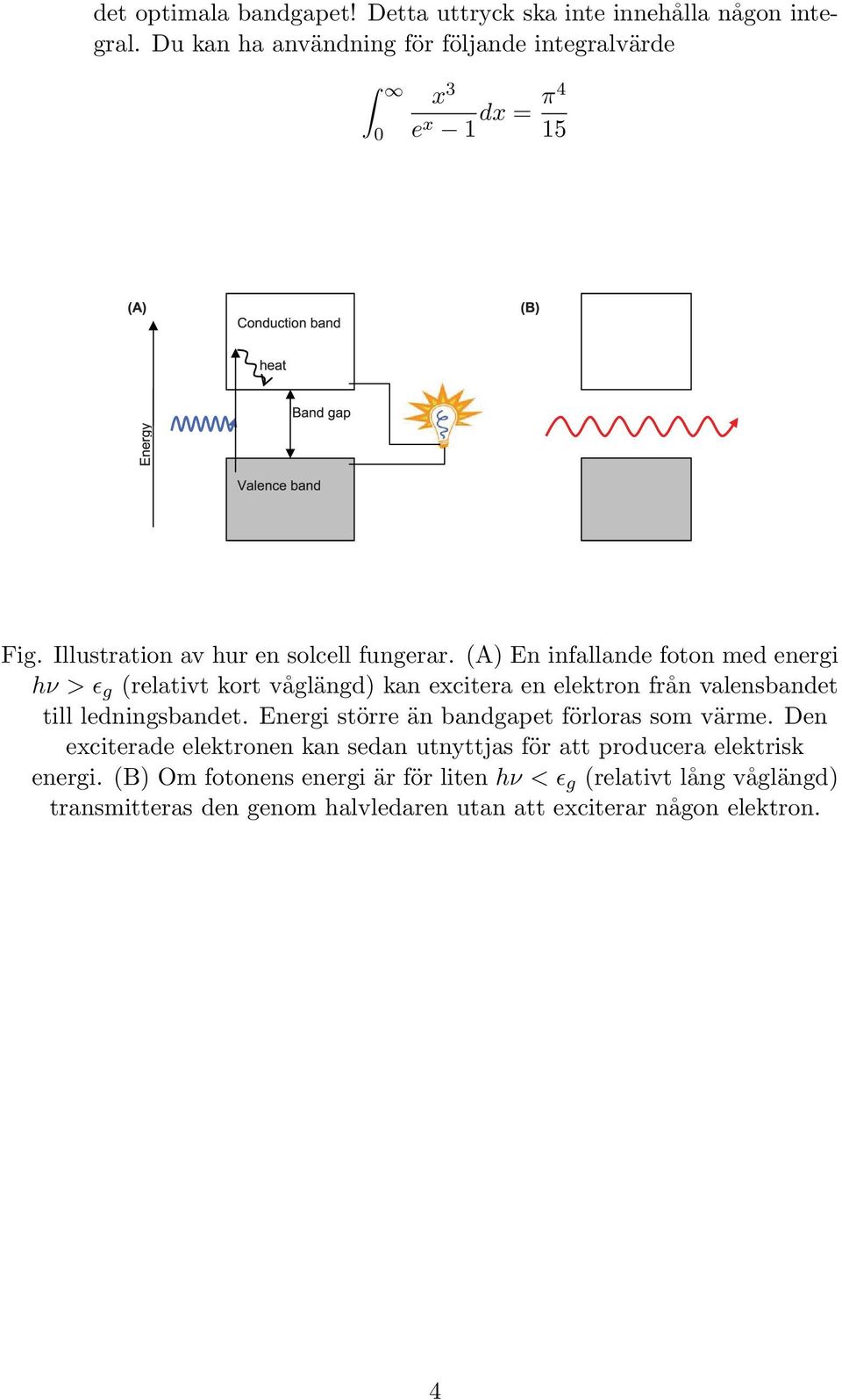 (A) En infallande foton med energi hν > ɛ g (relativt kort våglängd) kan excitera en elektron från valensbandet till ledningsbandet.