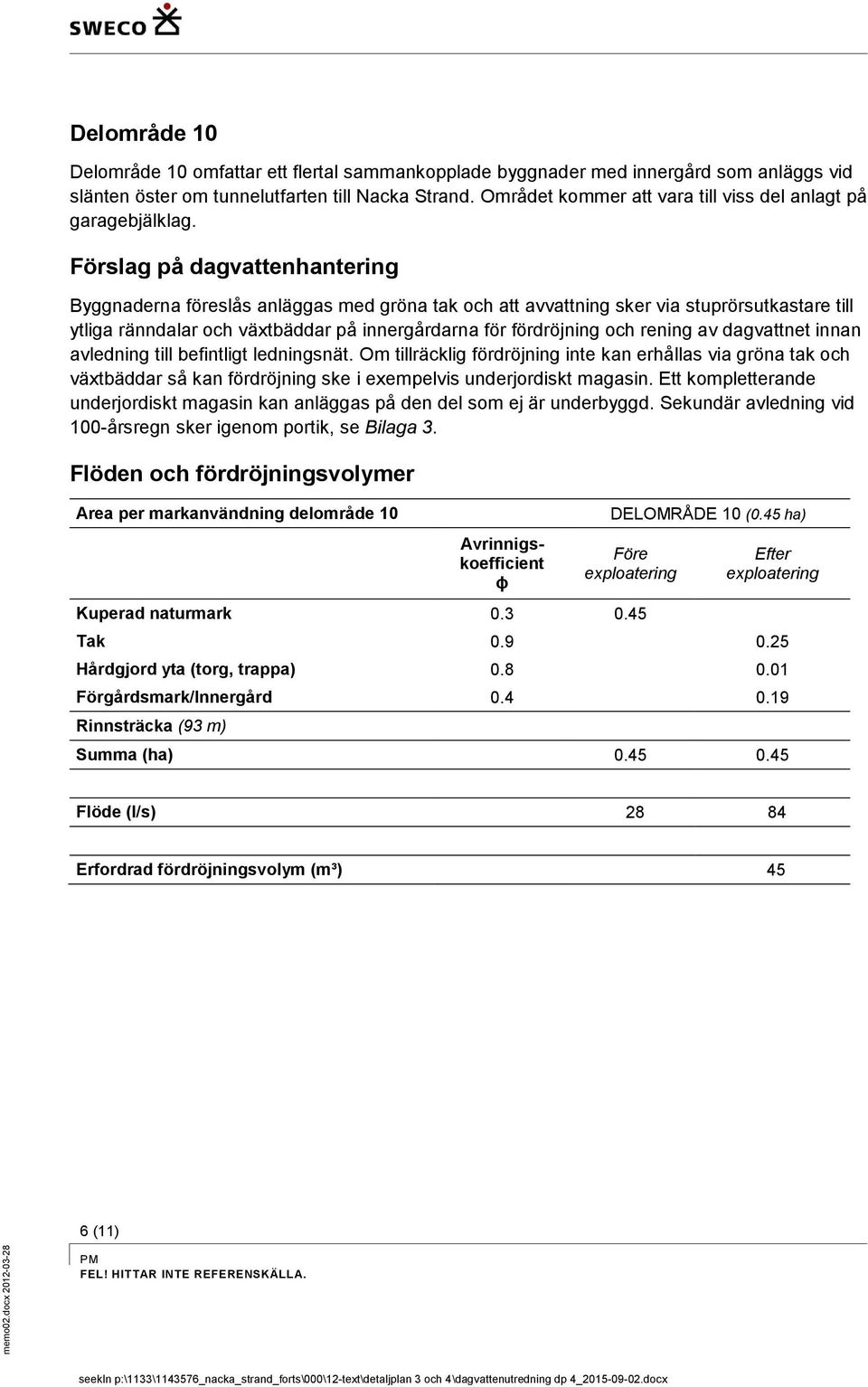 Förslag på dagvattenhantering Byggnaderna föreslås anläggas med gröna tak och att avvattning sker via stuprörsutkastare till ytliga ränndalar och växtbäddar på innergårdarna för fördröjning och