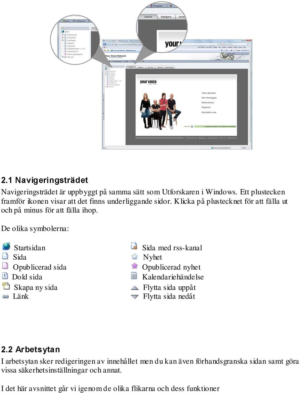 De olika symbolerna: Startsidan Sida Opublicerad sida Dold sida Skapa ny sida Länk Sida med rss-kanal Nyhet Opublicerad nyhet Kalendariehändelse Flytta sida