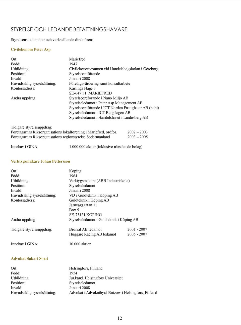 i Nano Miljö AB Styrelseledamot i Peter Asp Management AB Styrelseordförande i ICT Norden Fastigheter AB (publ) Styrelseledamot i ICT Bergslagen AB Styrelseledamot i Handelshuset i Lindesberg AB