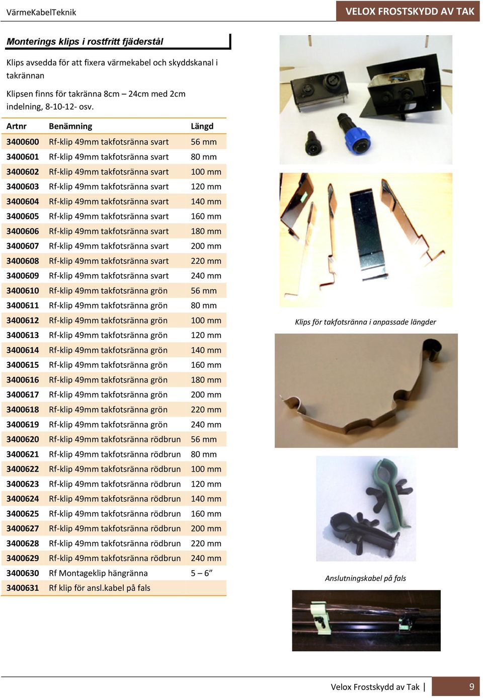 Artnr Benämning Längd 3400600 Rf klip 49mm takfotsränna svart 56 mm 3400601 Rf klip 49mm takfotsränna svart 80 mm 3400602 Rf klip 49mm takfotsränna svart 100 mm 3400603 Rf klip 49mm takfotsränna