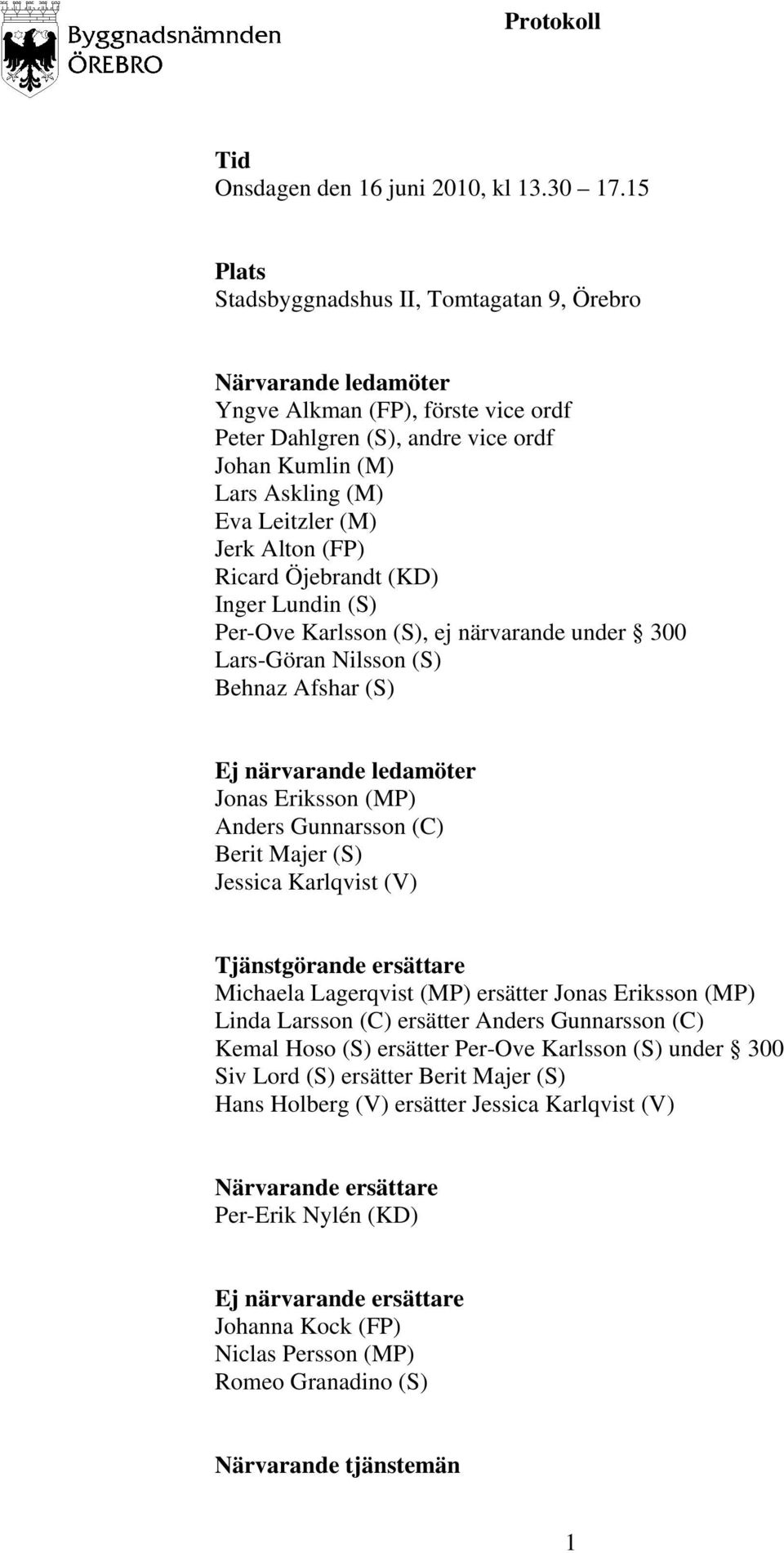 Alton (FP) Ricard Öjebrandt (KD) Inger Lundin (S) Per-Ove Karlsson (S), ej närvarande under 300 Lars-Göran Nilsson (S) Behnaz Afshar (S) Ej närvarande ledamöter Jonas Eriksson (MP) Anders Gunnarsson