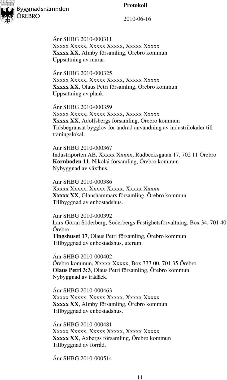 Änr SHBG 2010-000367 Industriporten AB, Xxxxx Xxxxx, Rudbecksgatan 17, 702 11 Örebro Kornboden 11, Nikolai församling, Örebro kommun Nybyggnad av växthus.