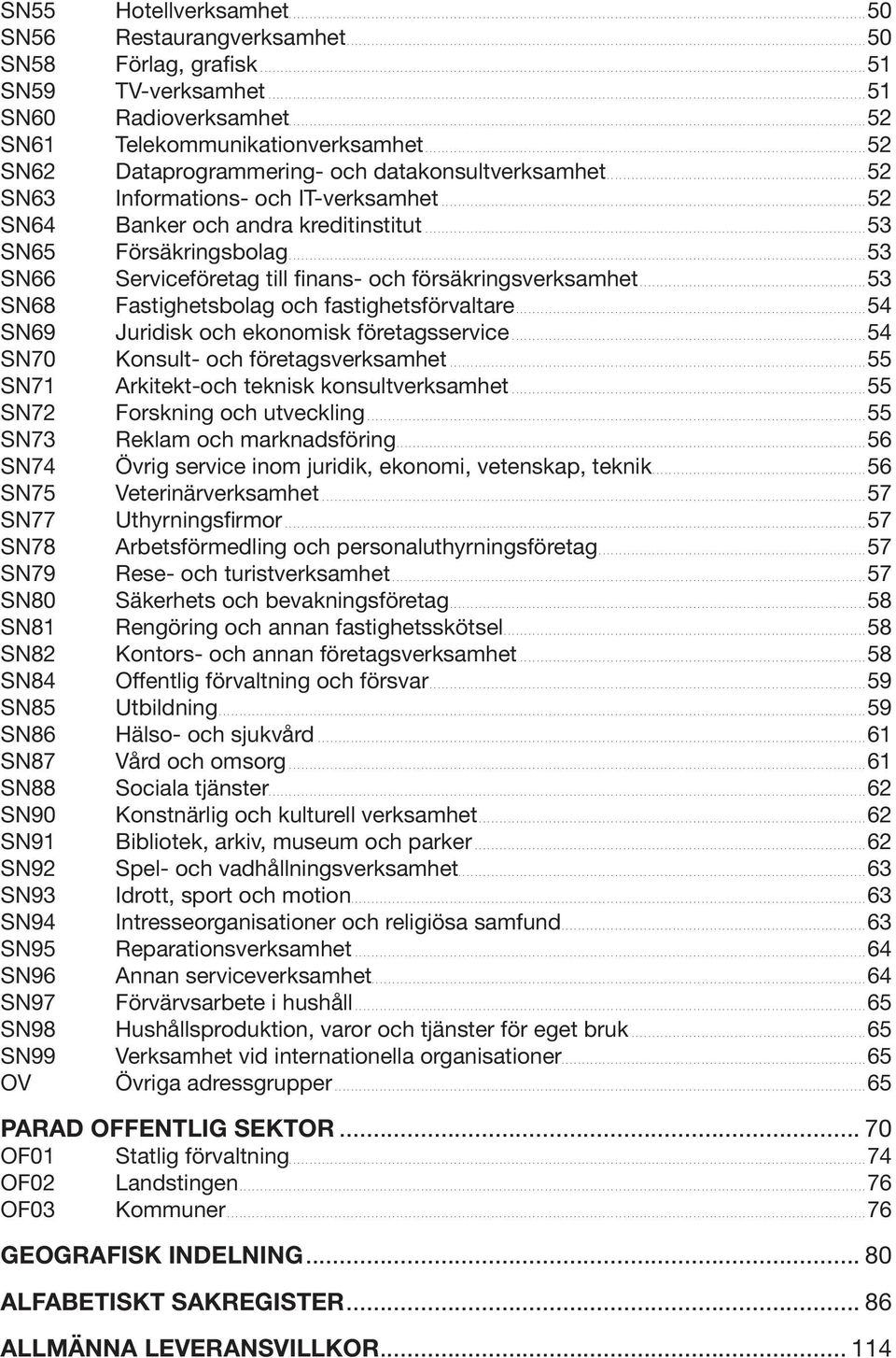 ..53 SN66 Serviceföretag till finans- och försäkringsverksamhet...53 SN68 Fastighetsbolag och fastighetsförvaltare...54 SN69 Juridisk och ekonomisk företagsservice.