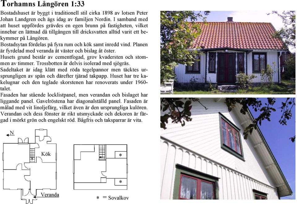 Bostadsytan fördelas på fyra rum och kök samt inredd vind. Planen är fyrdelad med veranda åt väster och bislag åt öster. Husets grund består av cementfogad, grov kvadersten och stommen av timmer.