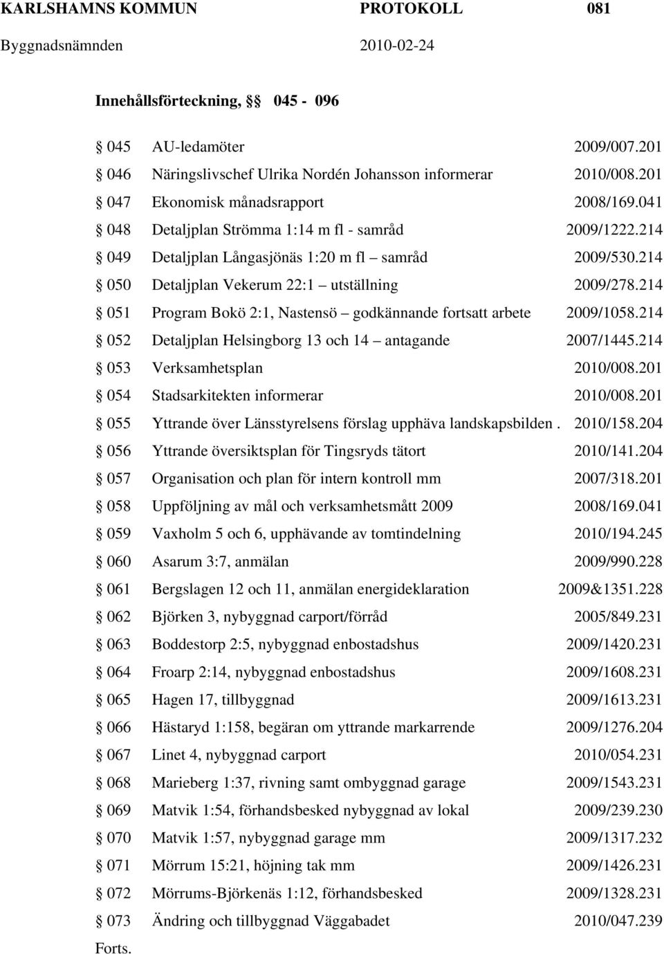 214 051 Program Bokö 2:1, Nastensö godkännande fortsatt arbete 2009/1058.214 052 Detaljplan Helsingborg 13 och 14 antagande 2007/1445.214 053 Verksamhetsplan 2010/008.