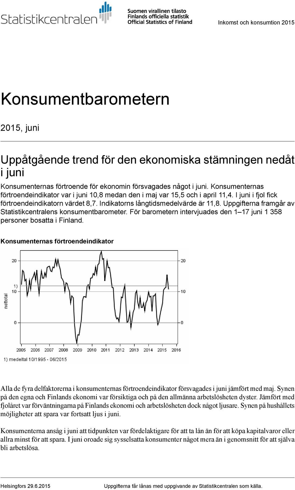 Uppgifterna framgår av Statistikcentralens konsumentbarometer. För barometern intervjuades den 1 17 juni 1 358 personer bosatta i Finland.