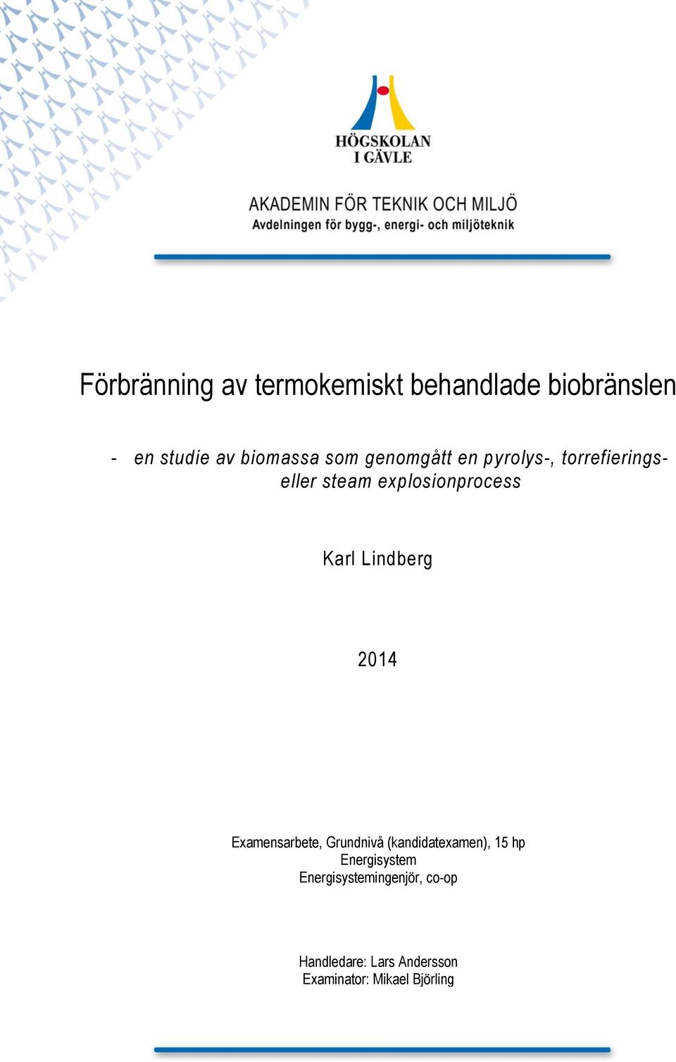 Lindberg 2014 Examensarbete, Grundnivå (kandidatexamen), 15 hp Energisystem