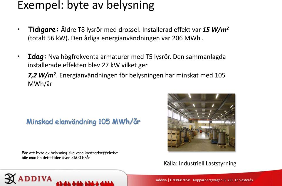 Den sammanlagda installerade effekten blev 27 kw vilket ger 7,2 W/m 2.