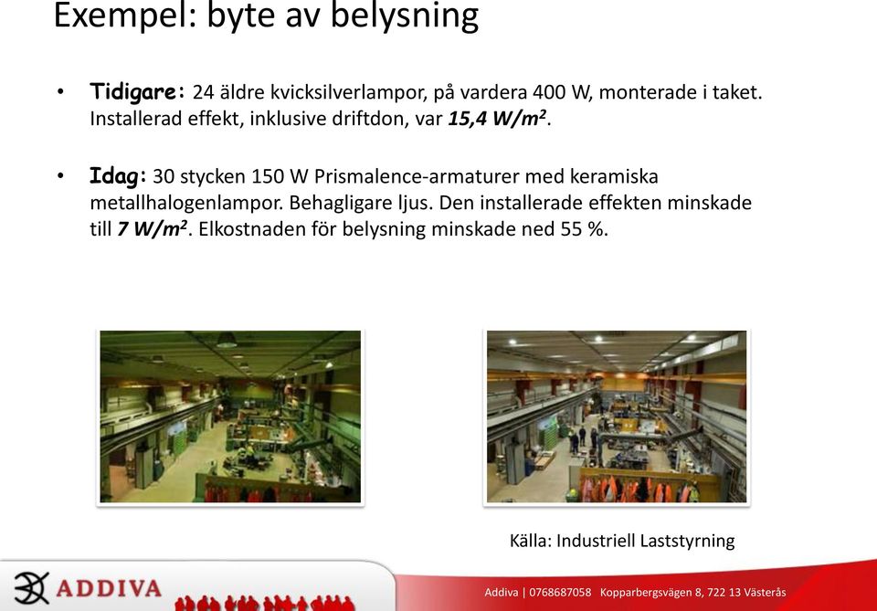 Idag: 30 stycken 150 W Prismalence-armaturer med keramiska metallhalogenlampor.