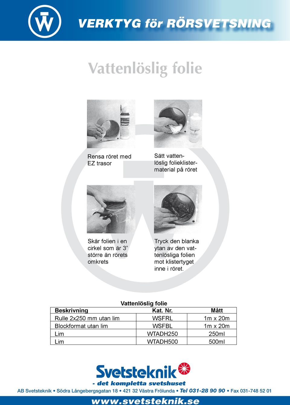 Skär folien i en cirkel som är 3 större än rörets omkrets Vattenlöslig folie Beskrivning Kat. Nr.