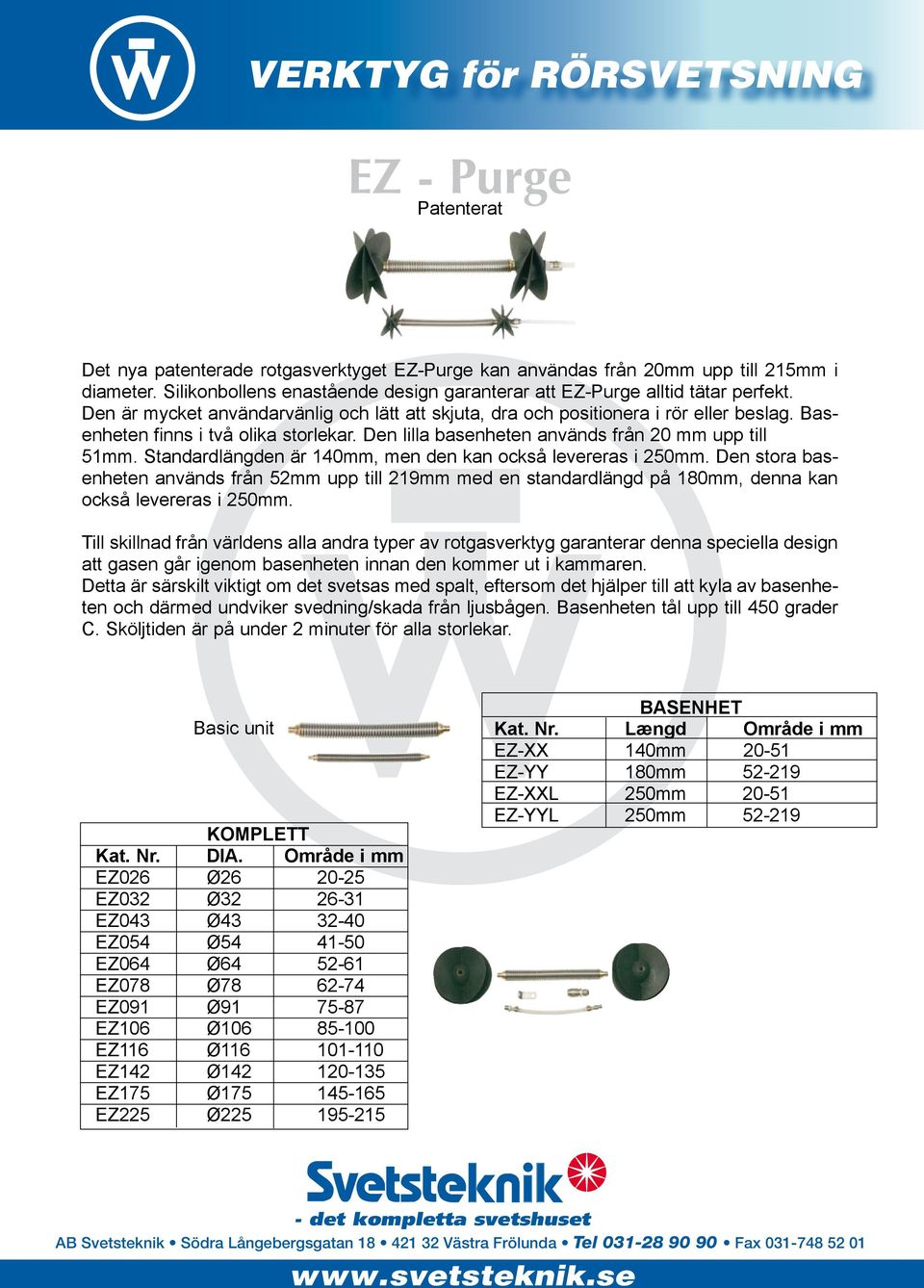 Basenheten finns i två olika storlekar. Den lilla basenheten används från 20 mm upp till 51mm. Standardlängden är 140mm, men den kan också levereras i 250mm.