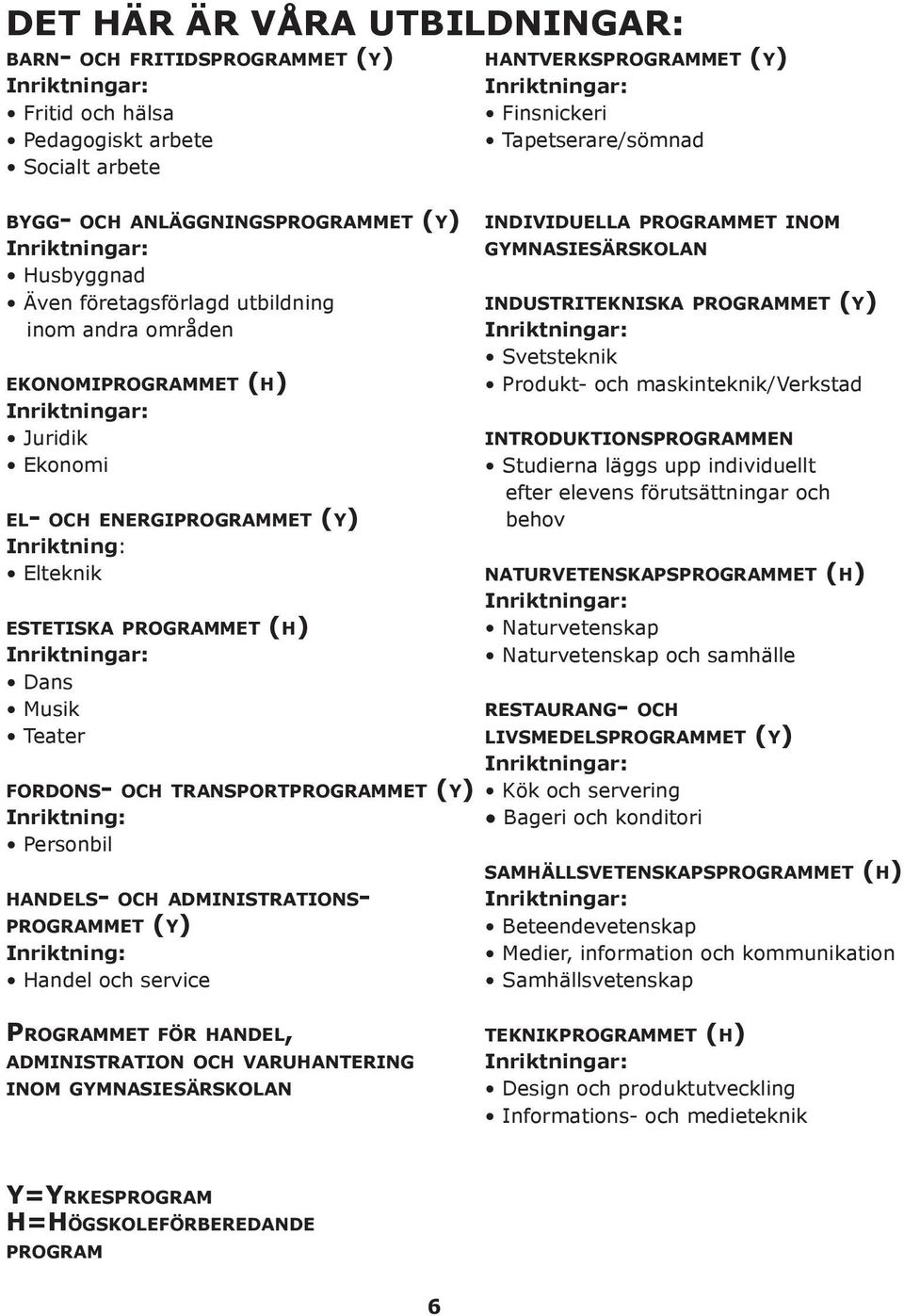 Teater fordons- och transportprogrammet (y) Inriktning: Personbil handels- och administrationsprogrammet (y) Inriktning: Handel och service hantverksprogrammet (y) Inriktningar: Finsnickeri