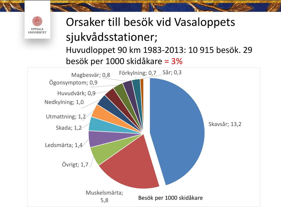 29 besök per 1000 skidåkare = 3% Magbesvär; 0,8 Förkylning; 0,7 Sår; 0,3